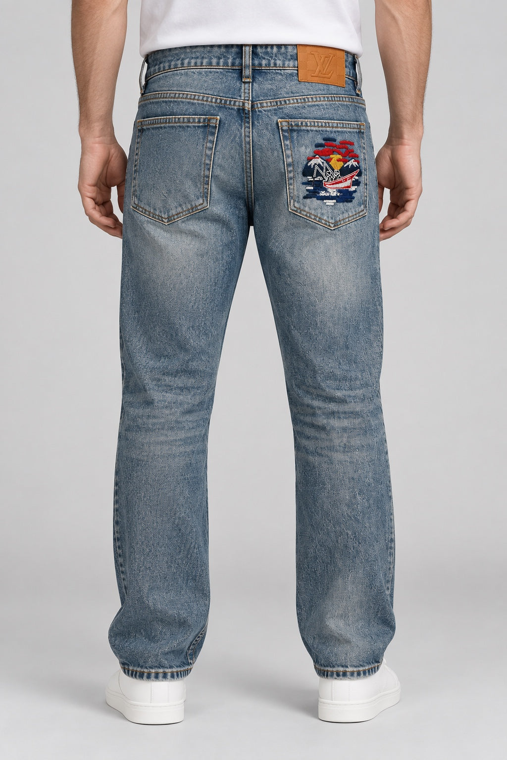 Men’s Fishing-Embroidered Straight-Fit Jeans – Vintage Stonewashed Blue - back view