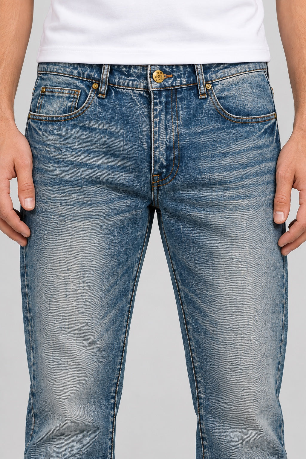 Men’s Fishing-Embroidered Straight-Fit Jeans – Vintage Stonewashed Blue - front detail