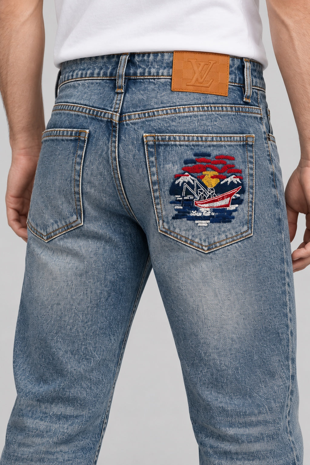 Men’s Fishing-Embroidered Straight-Fit Jeans – Vintage Stonewashed Blue - back detail