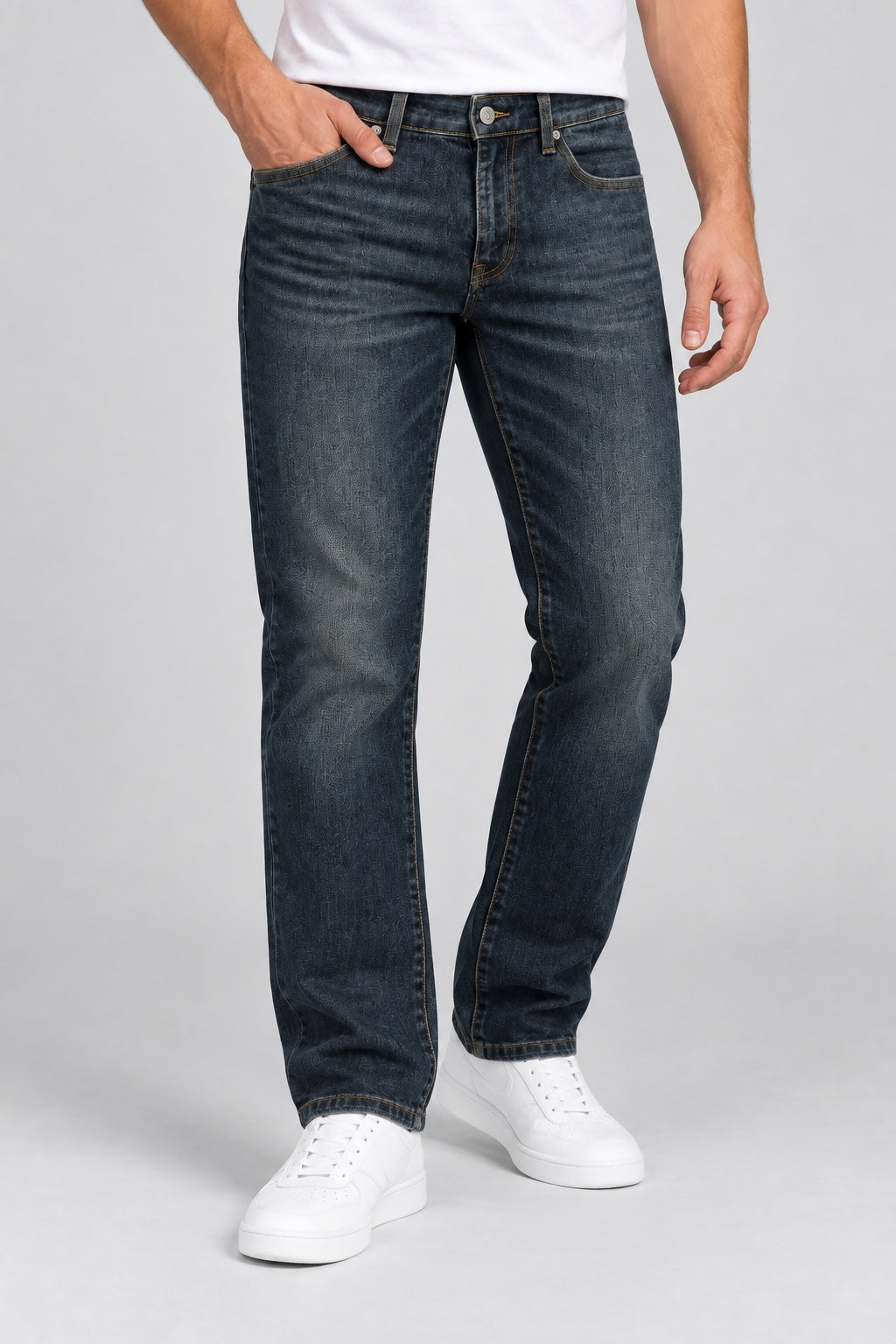 Men’s Gold-Emblem Straight-Fit Jeans – Dark Indigo Black - angled front