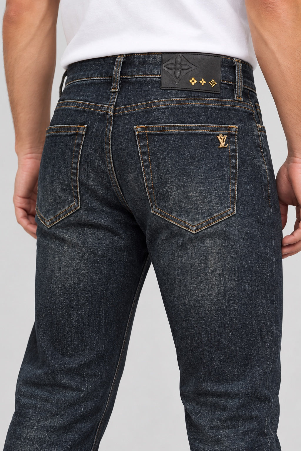 Men’s Gold-Emblem Straight-Fit Jeans – Dark Indigo Black - back detail