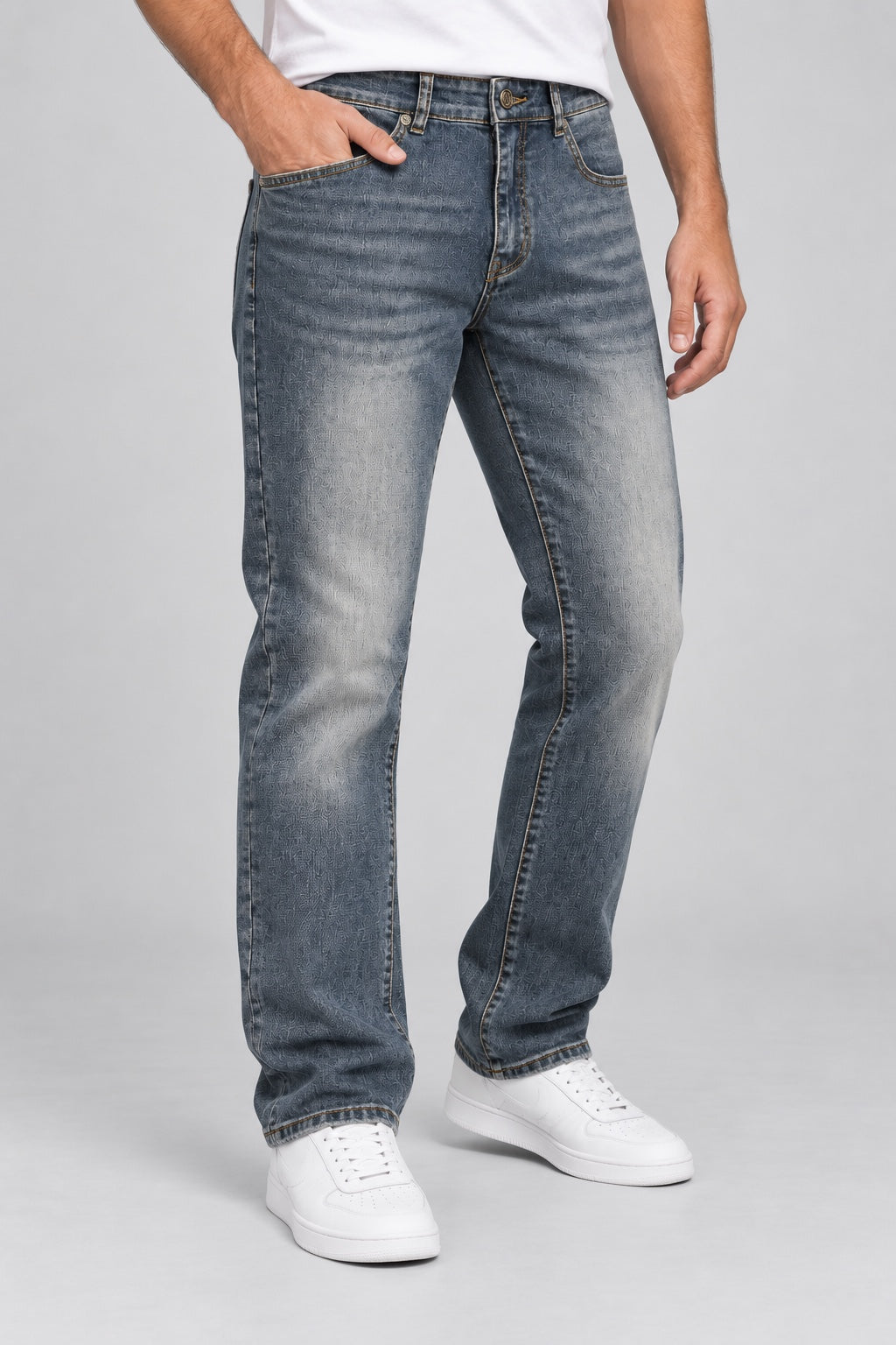 Men’s Patchwork-Pocket Straight-Fit Jeans – Vintage Blue - angled front