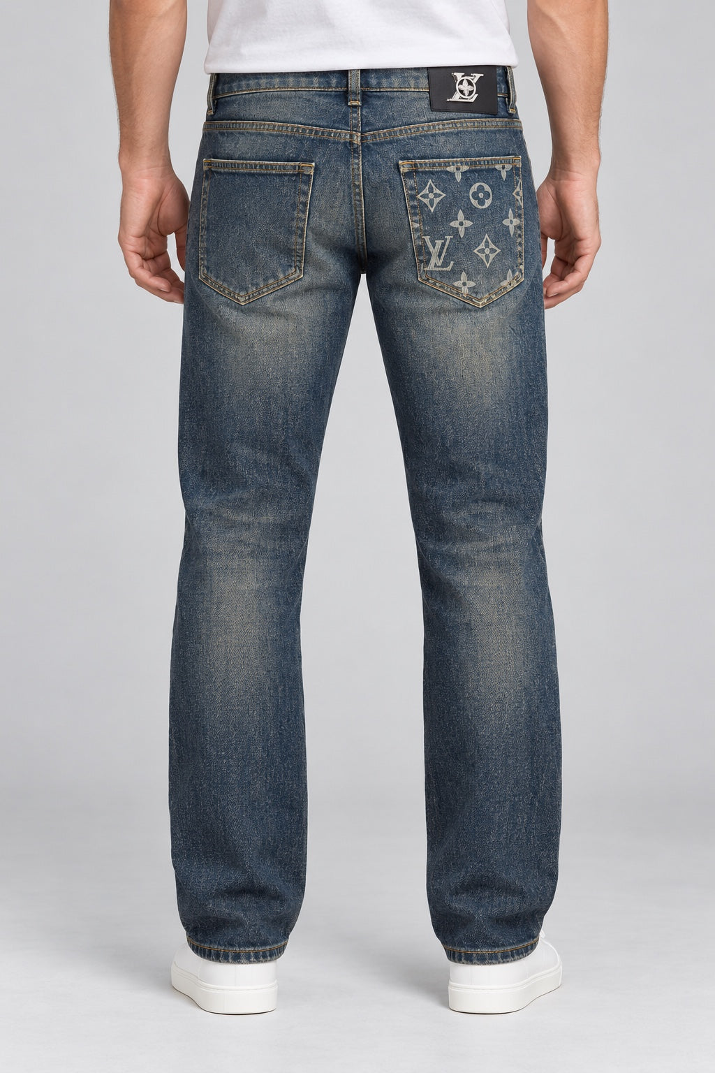 Men’s Silver-Emblem Monogram-Pocket Straight-Fit Jeans – Vintage Indigo Blue - back view