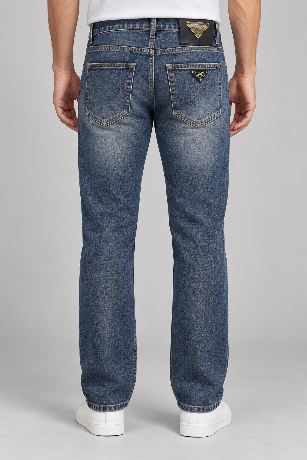 Men’s Antique-Brass Badge Straight-Fit Jeans – Indigo Blue - back view