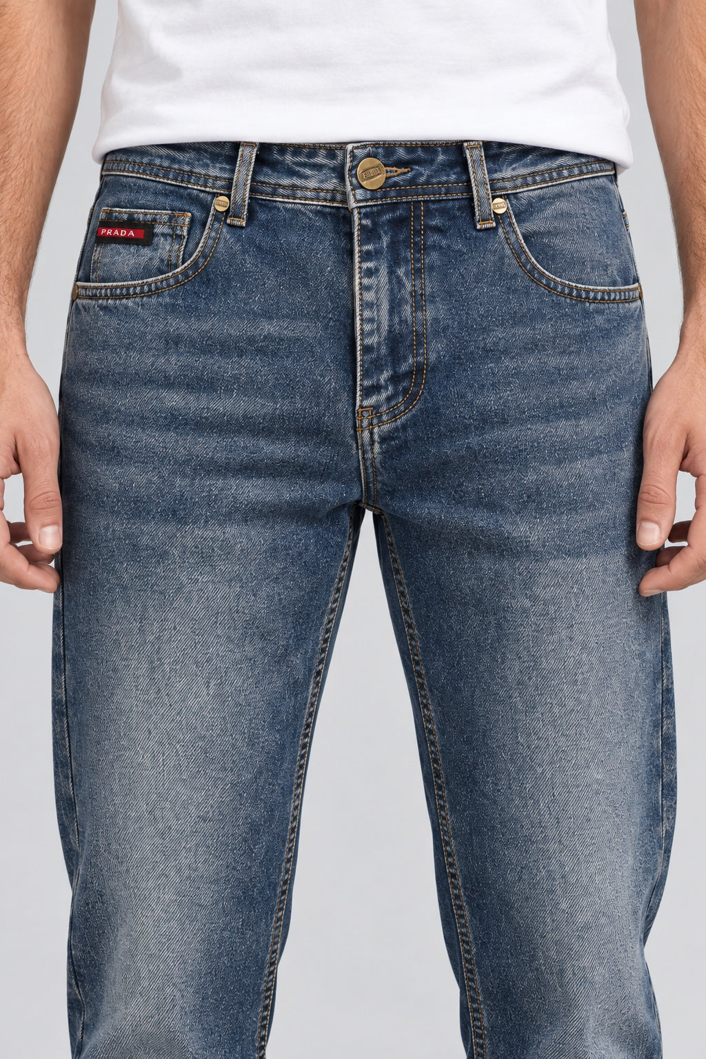 Men’s Antique-Brass Badge Straight-Fit Jeans – Indigo Blue - front detail