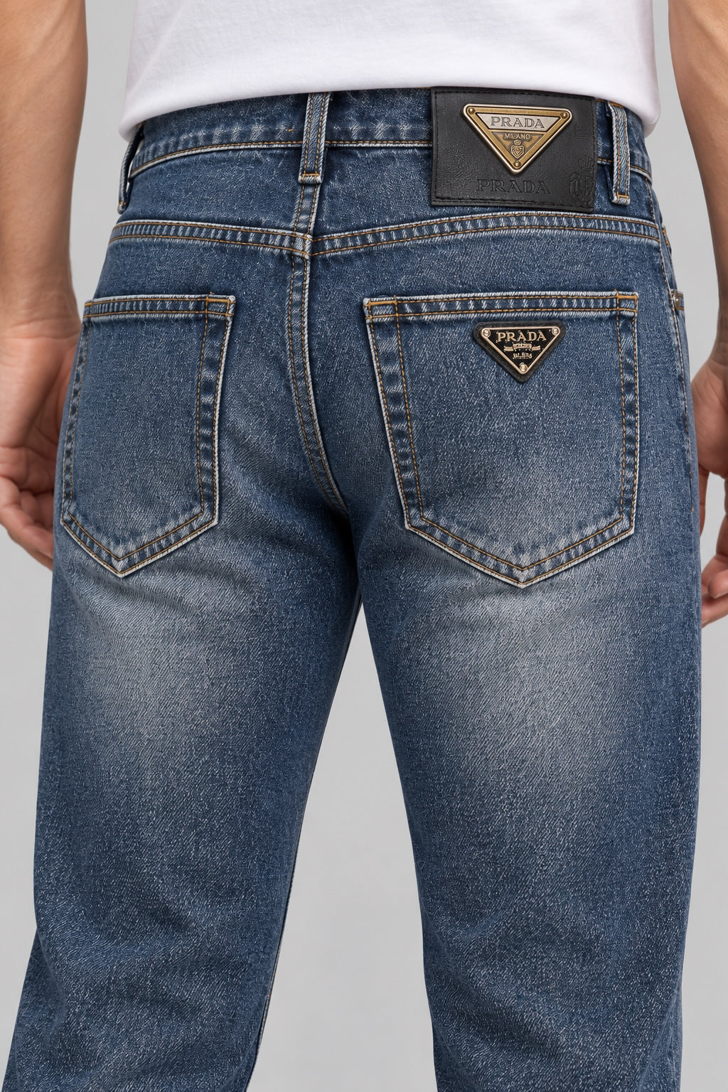 Men’s Antique-Brass Badge Straight-Fit Jeans – Indigo Blue - back detail