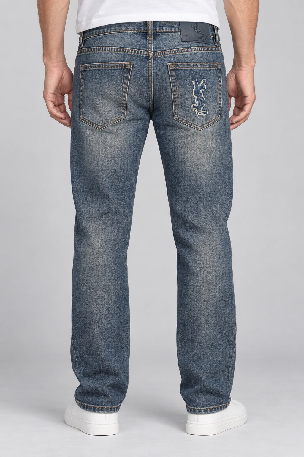 Men’s Studded-Monogram Straight-Fit Jeans – Stonewashed Indigo - back view