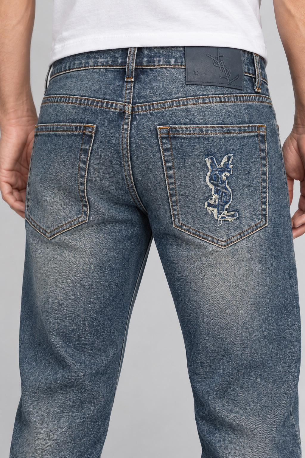 Men’s Studded-Monogram Straight-Fit Jeans – Stonewashed Indigo - back detail
