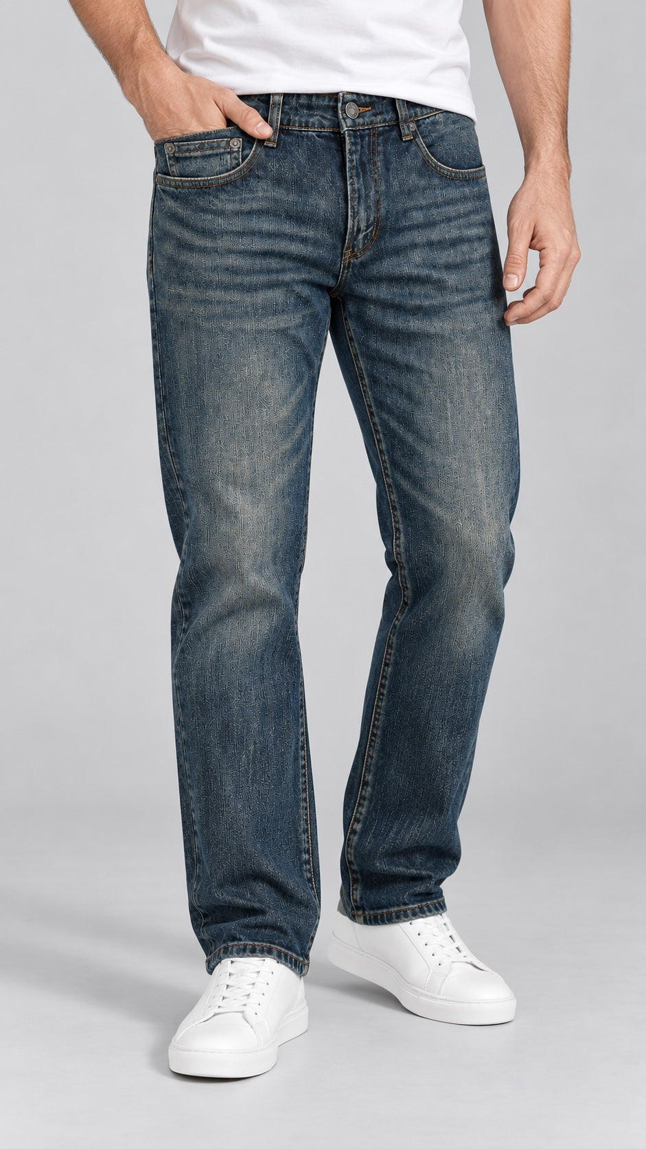 Men’s Deep Vintage-Indigo Whiskered Straight-Fit Jeans - angled front