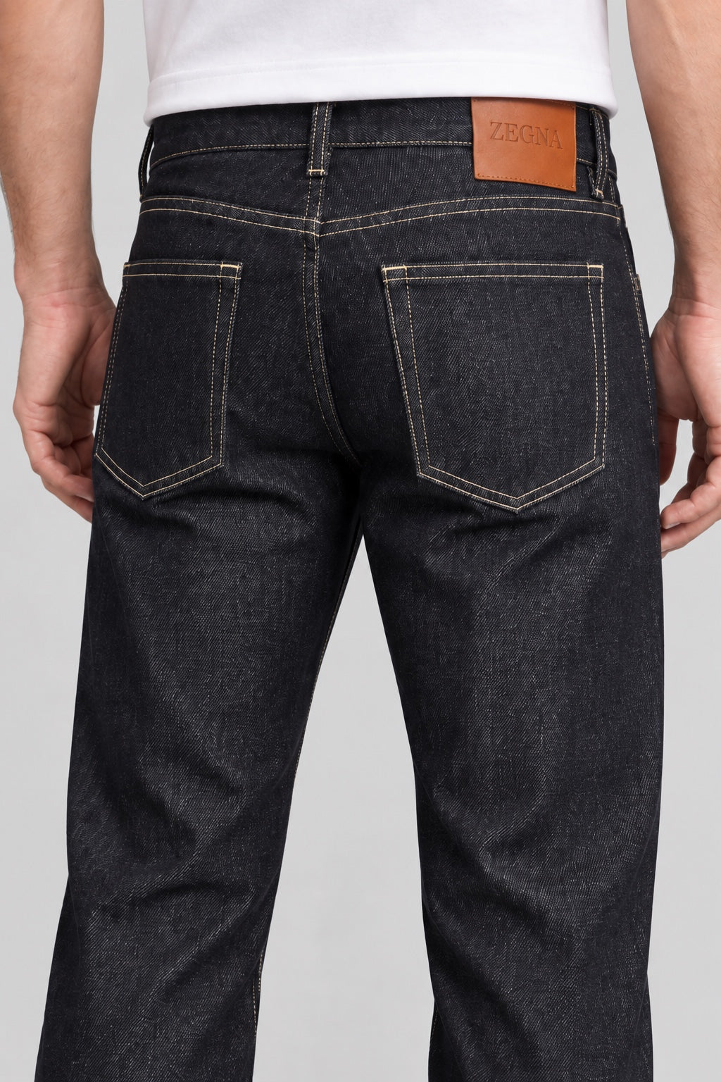 Men’s Raw-Indigo Contrast-Stitch Straight-Fit Jeans - back detail