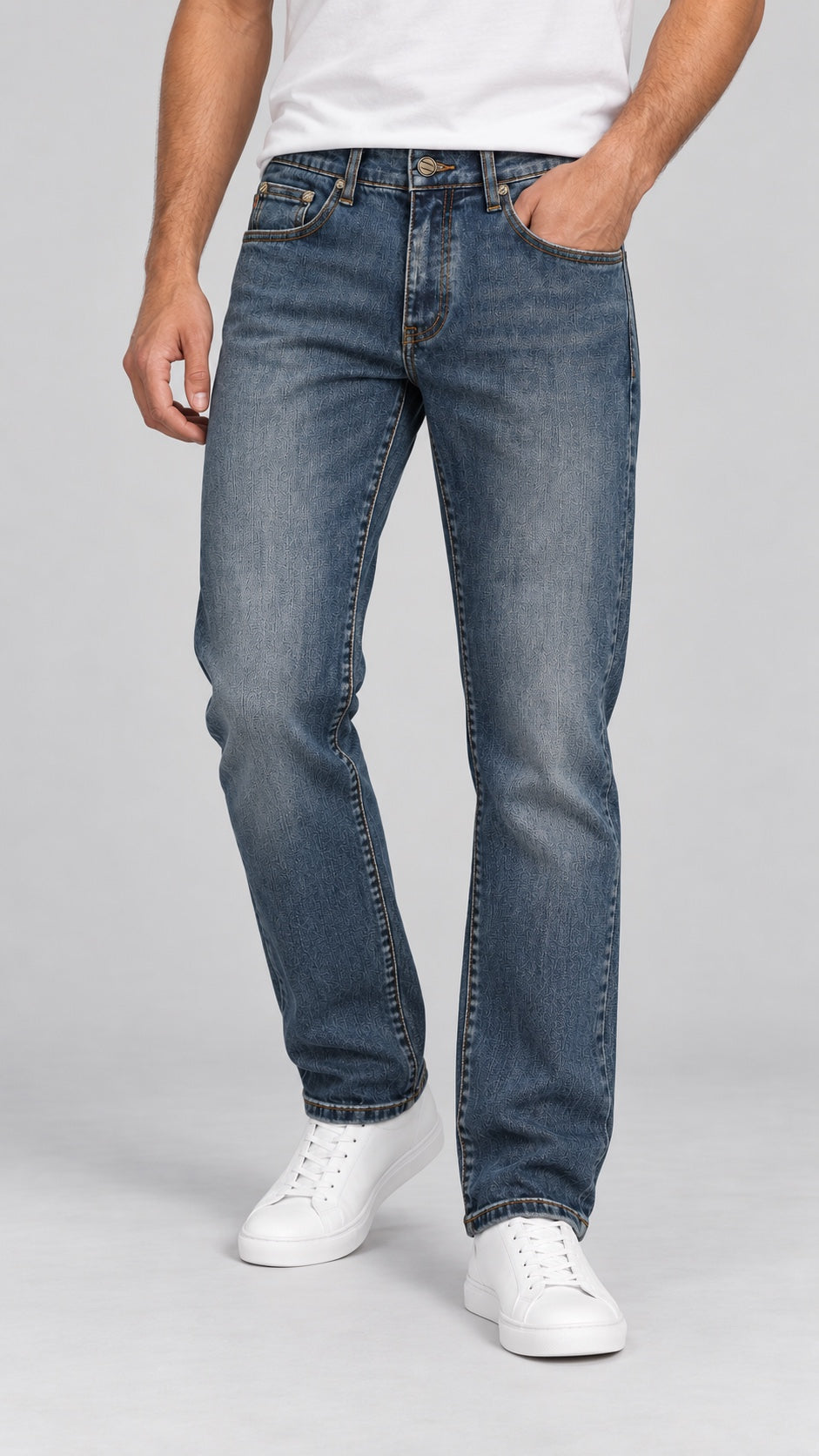 Men’s Vintage-Indigo Washed Straight-Fit Jeans - angled front