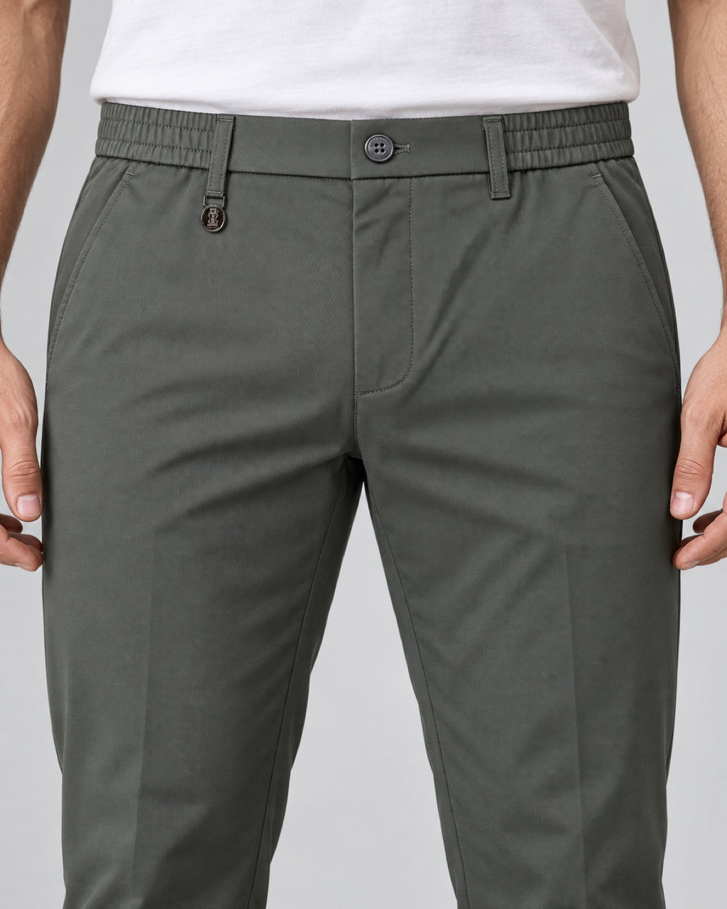 Men’s Tailored Trousers – Olive Grey - front detail
