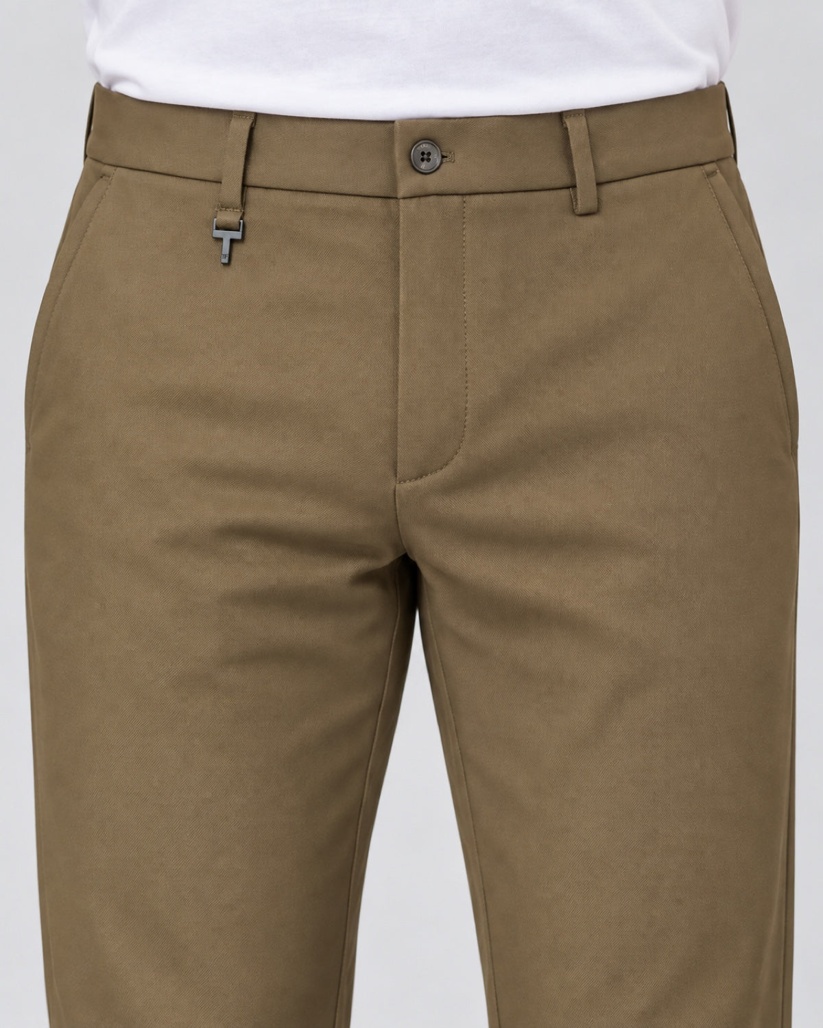 Men’s Olive-Taupe Flat-Front Trousers - front detail