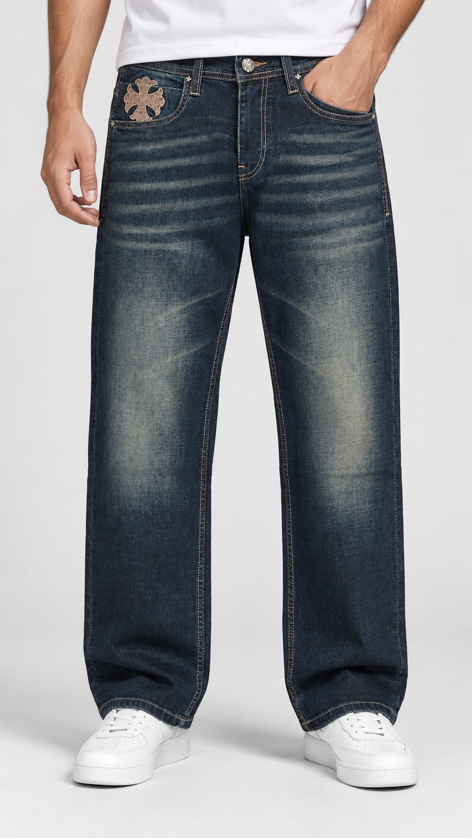CH — Men’s Wide-Bottom Straight-Fit Cross Jeans – Dark Vintage Indigo — 01 full front view