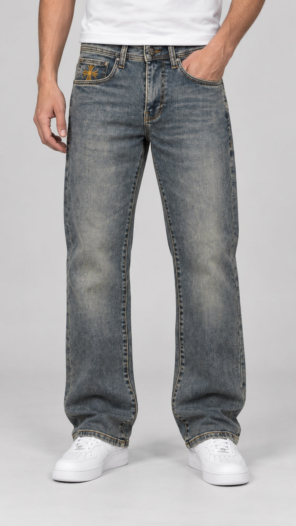 CH — Men’s Wide-Bottom Straight-Fit Cross Jeans – Vintage Grey Blue — front