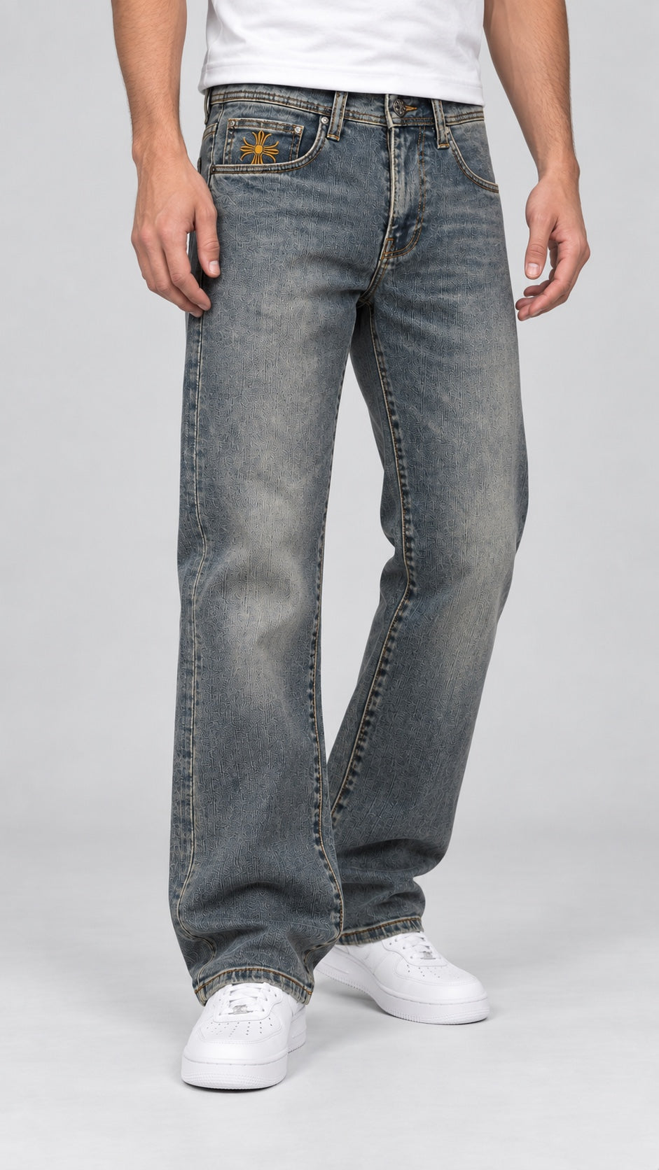 CH — Men’s Wide-Bottom Straight-Fit Cross Jeans – Vintage Grey Blue — angle