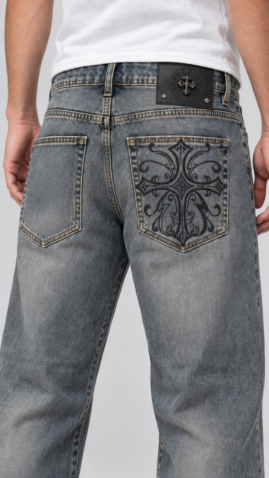 CH — Men’s Wide-Bottom Straight-Fit Cross Jeans – Vintage Grey Blue — back detail