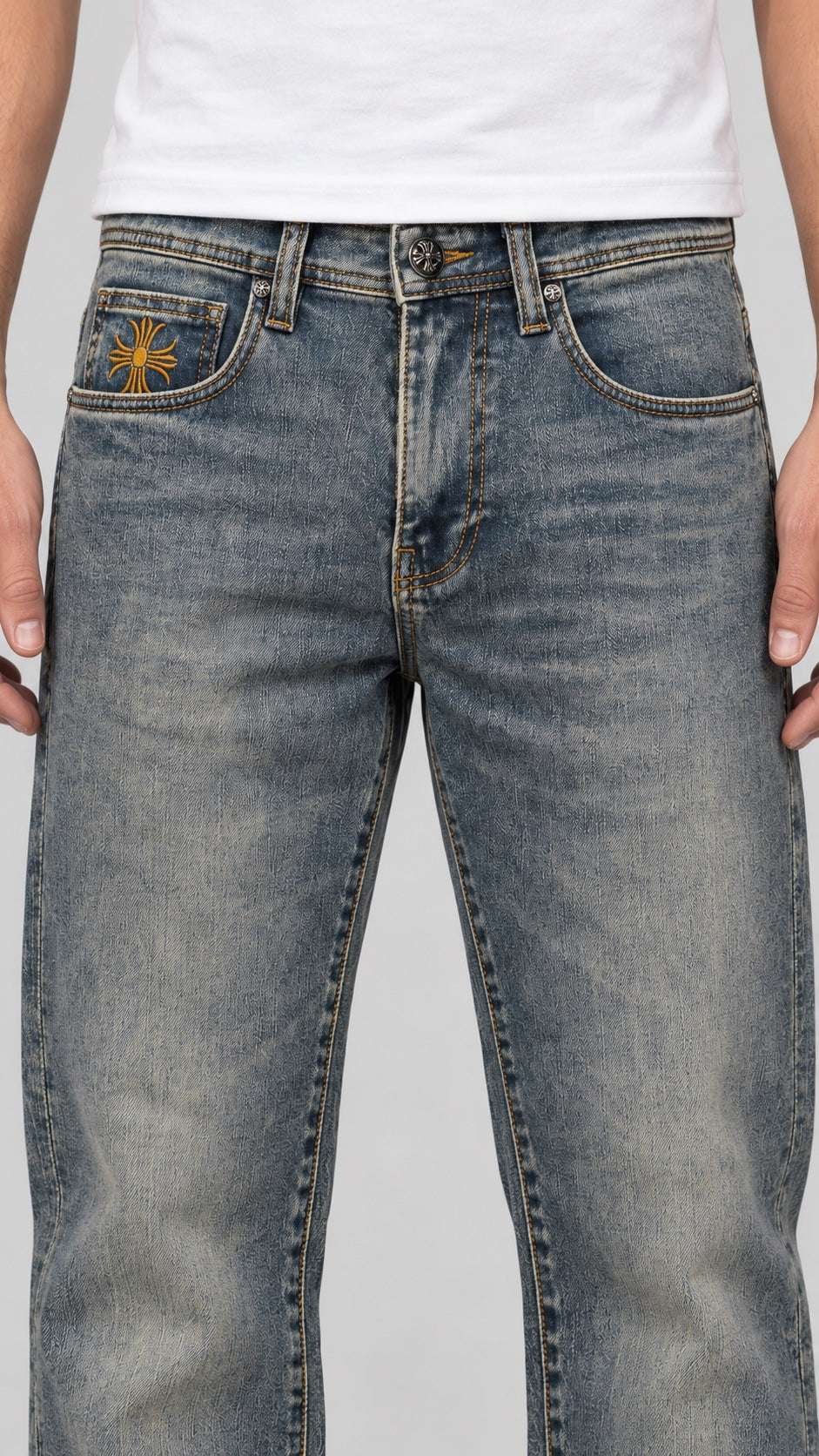 CH — Men’s Wide-Bottom Straight-Fit Cross Jeans – Vintage Grey Blue — front detail