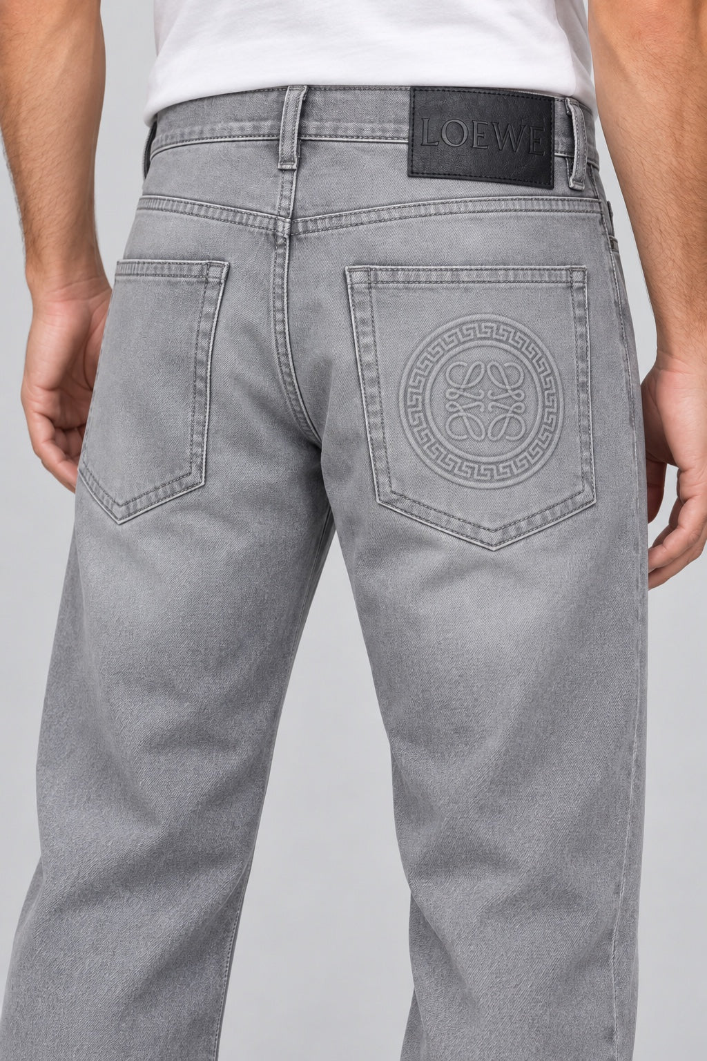 LW — Men’s Wide-Bottom Straight-Fit Anagram Jeans – Light Stone Grey — 04 back pocket detail