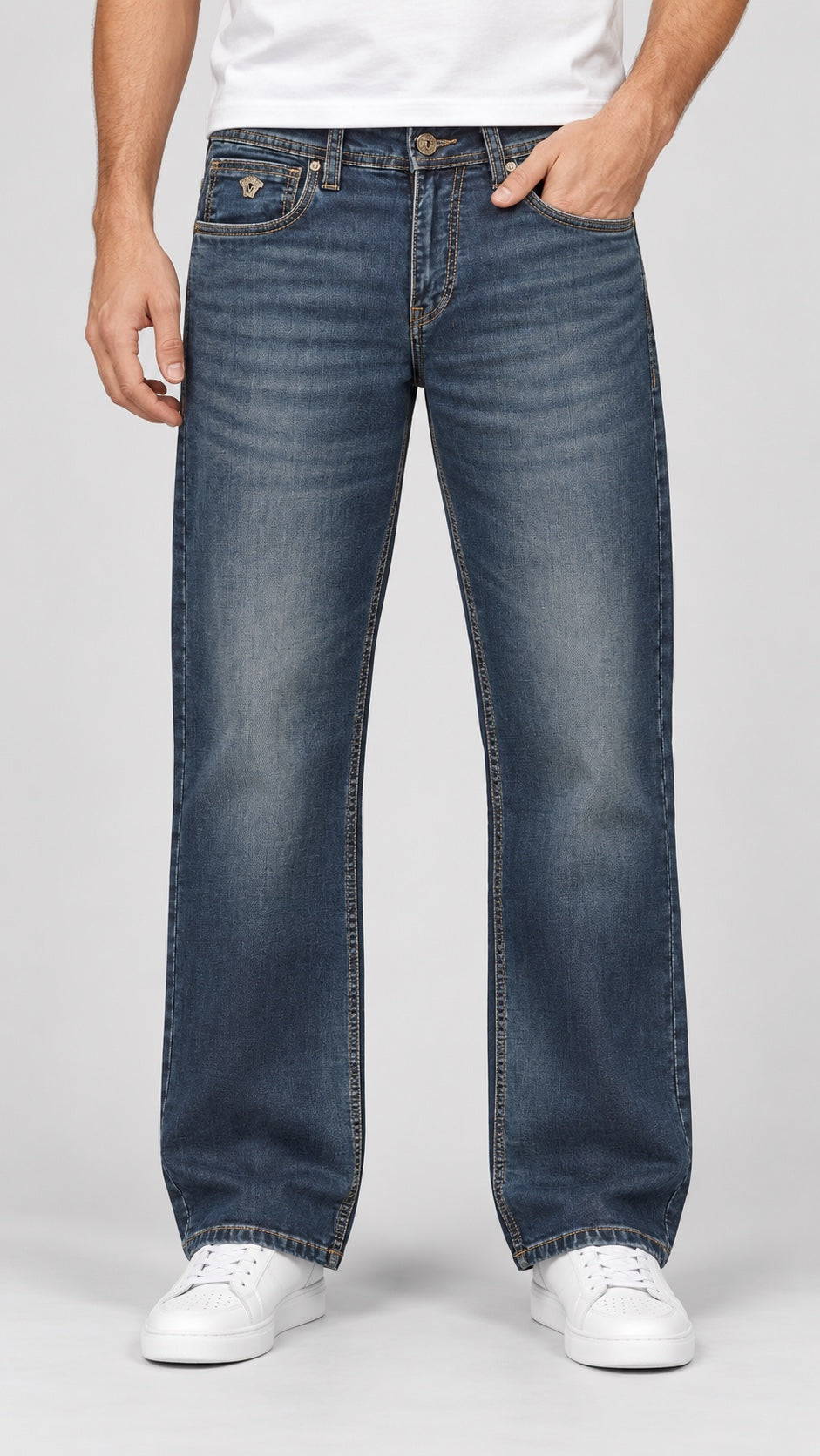 VRSC — Men’s Wide-Bottom Straight-Fit Medusa Jeans – Vintage Blue Grey — 01 full front view