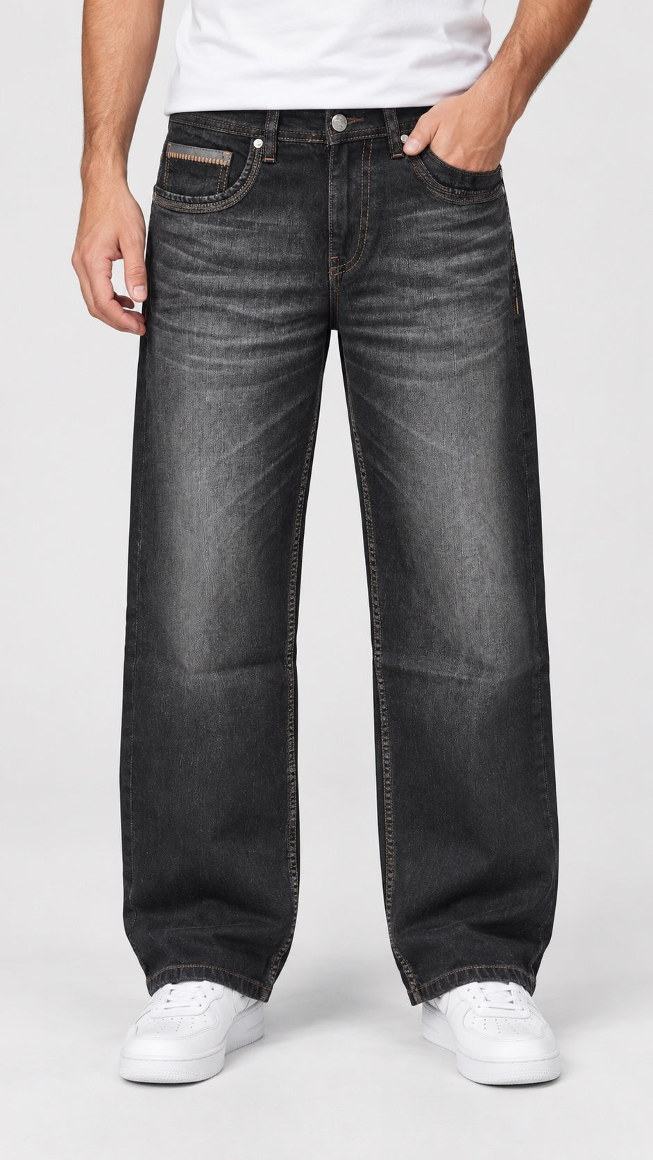 VRSC — Men’s Wide-Bottom Straight-Fit Single-Medusa Jeans – Washed Charcoal Black — 01 full front view