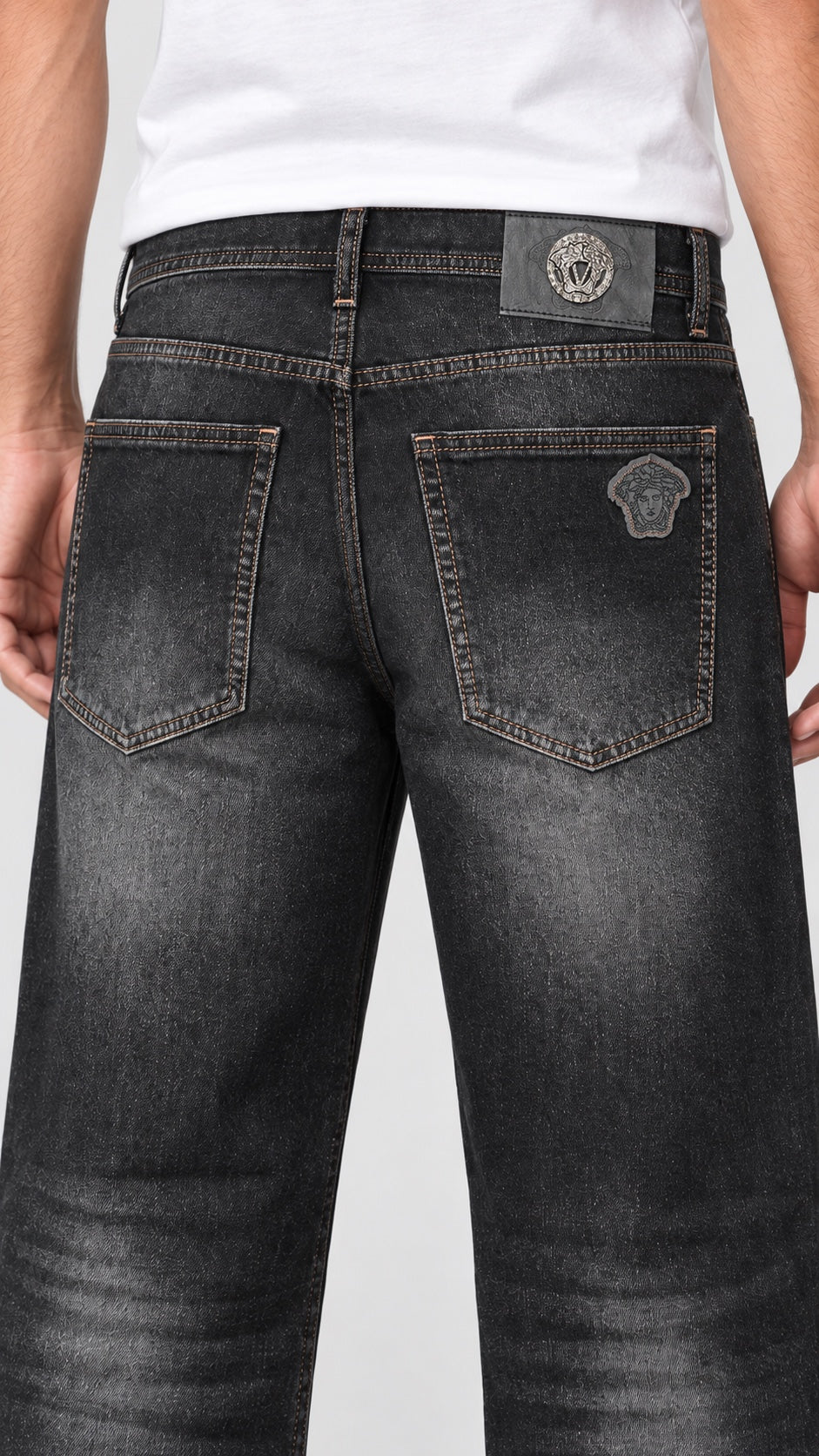 VRSC — Men’s Wide-Bottom Straight-Fit Single-Medusa Jeans – Washed Charcoal Black — 04 back pocket detail