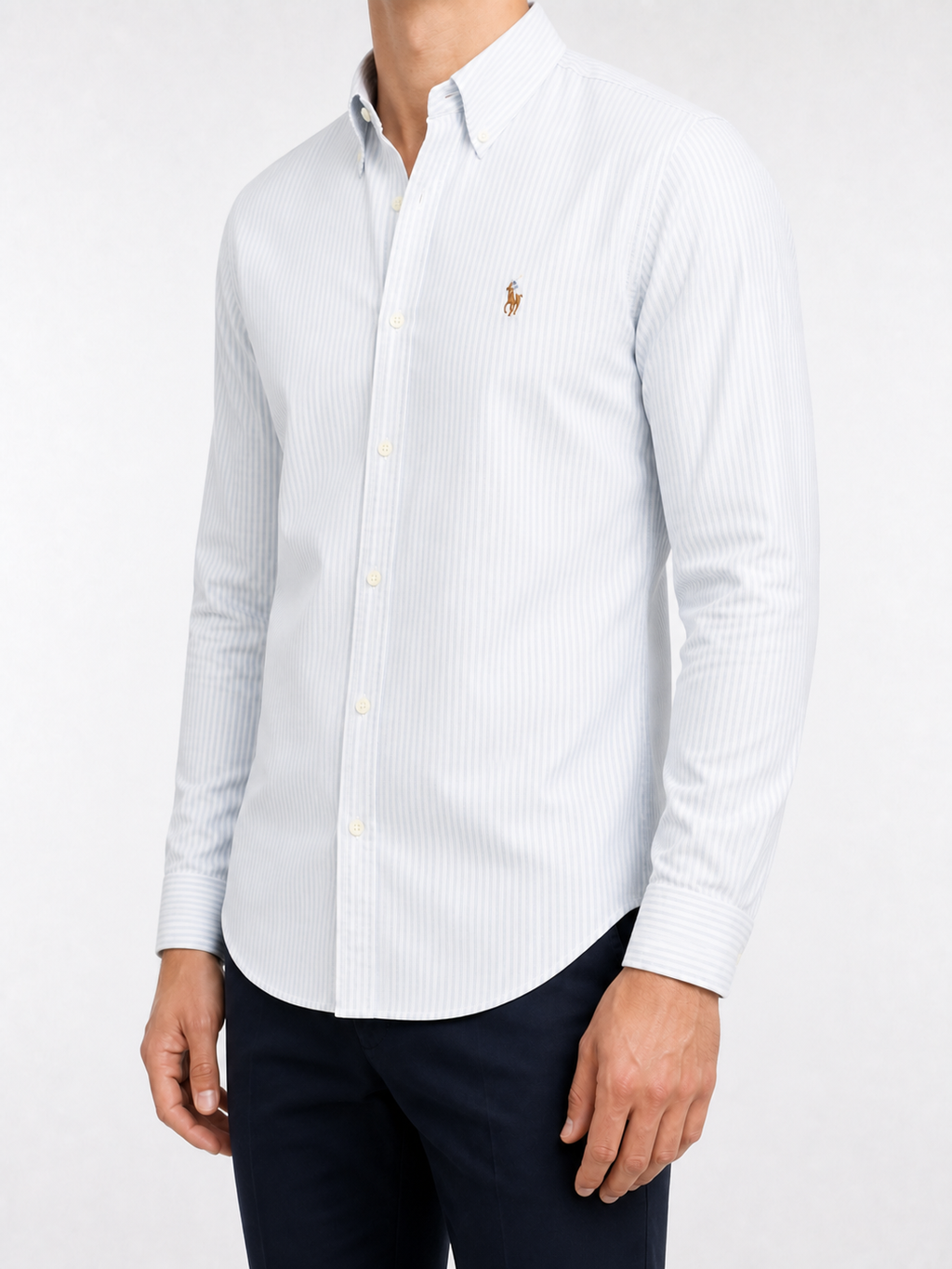 RL Powder Blue Pinstripe Shirt — left three quarter