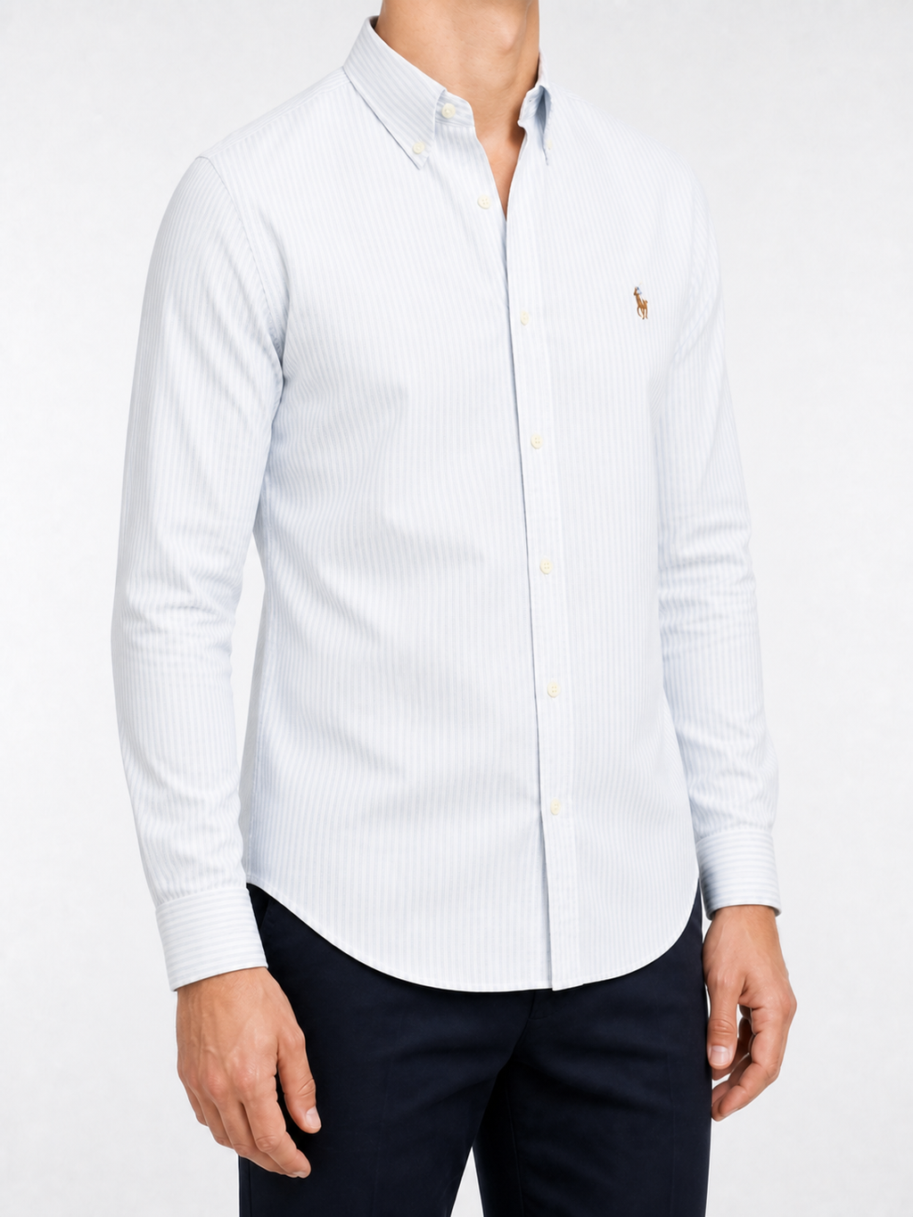 RL Powder Blue Pinstripe Shirt — right three quarter