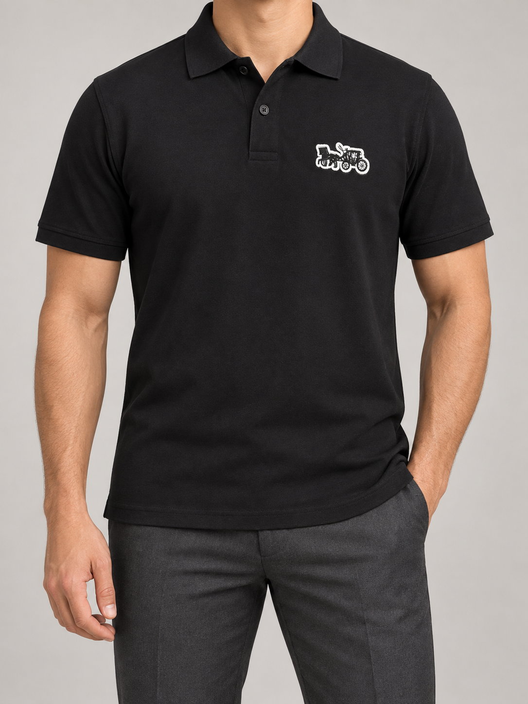 Black Vintage Locomotive Patch Polo - front view