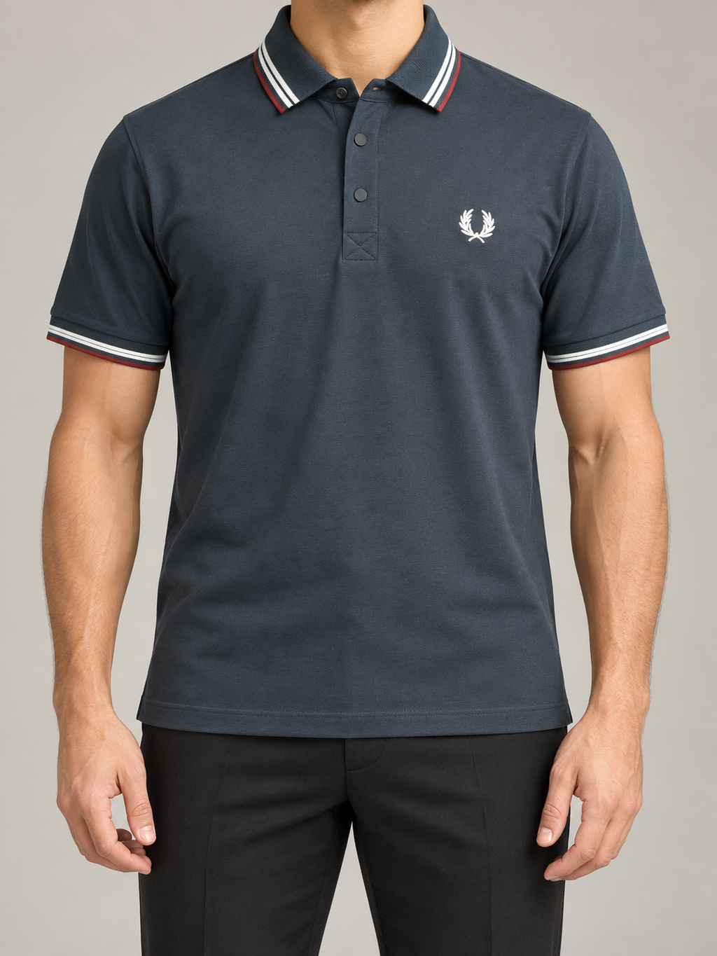 Charcoal-Blue Striped Collar Polo - front view