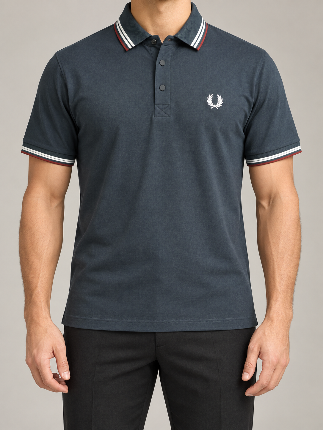 Charcoal-Blue Striped Collar Polo - front view