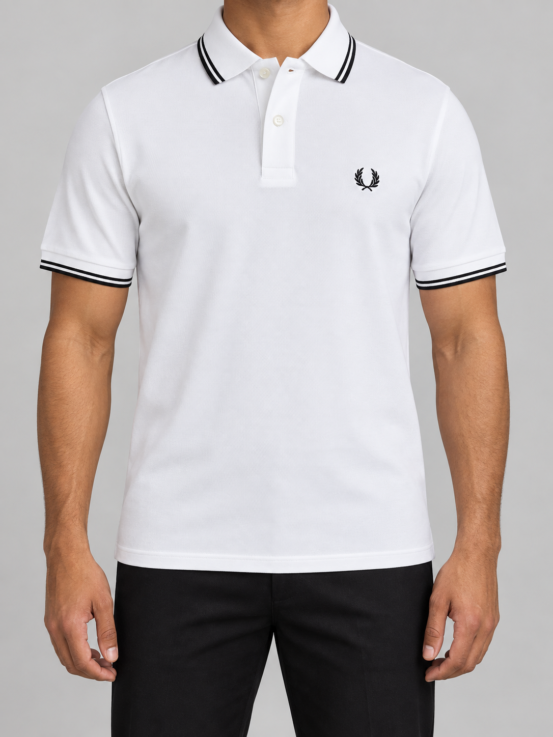 White Polo With Black Double Trim - front view