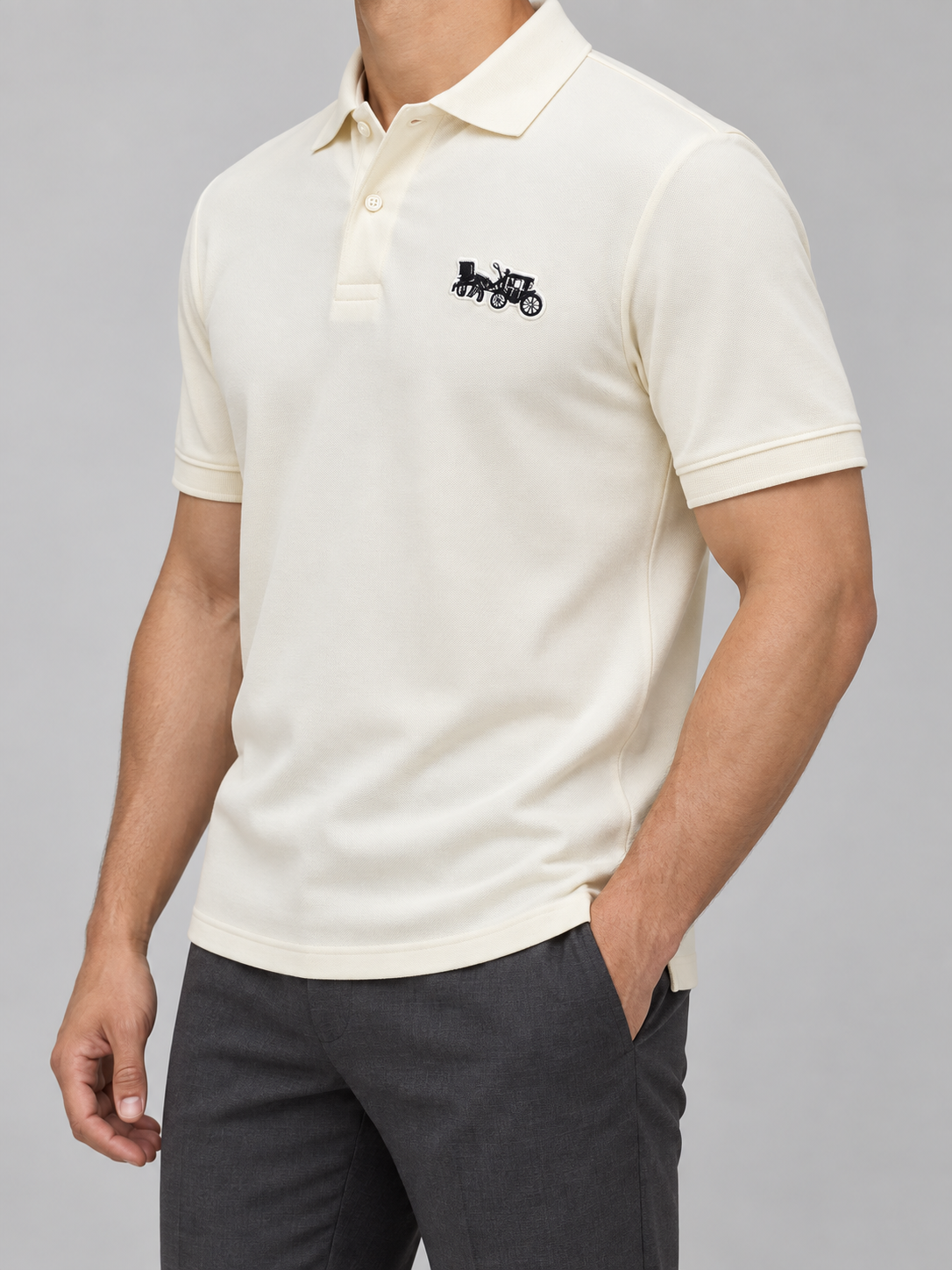 Ivory Cream Vintage Automobile Patch Polo - view 2