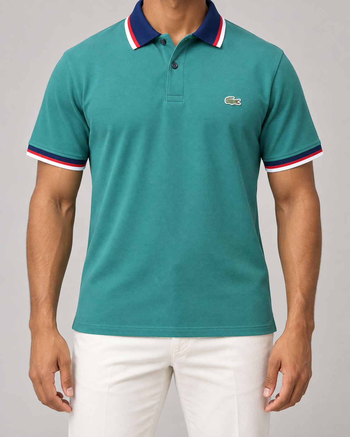Teal Striped-Trim Polo Shirt - front view