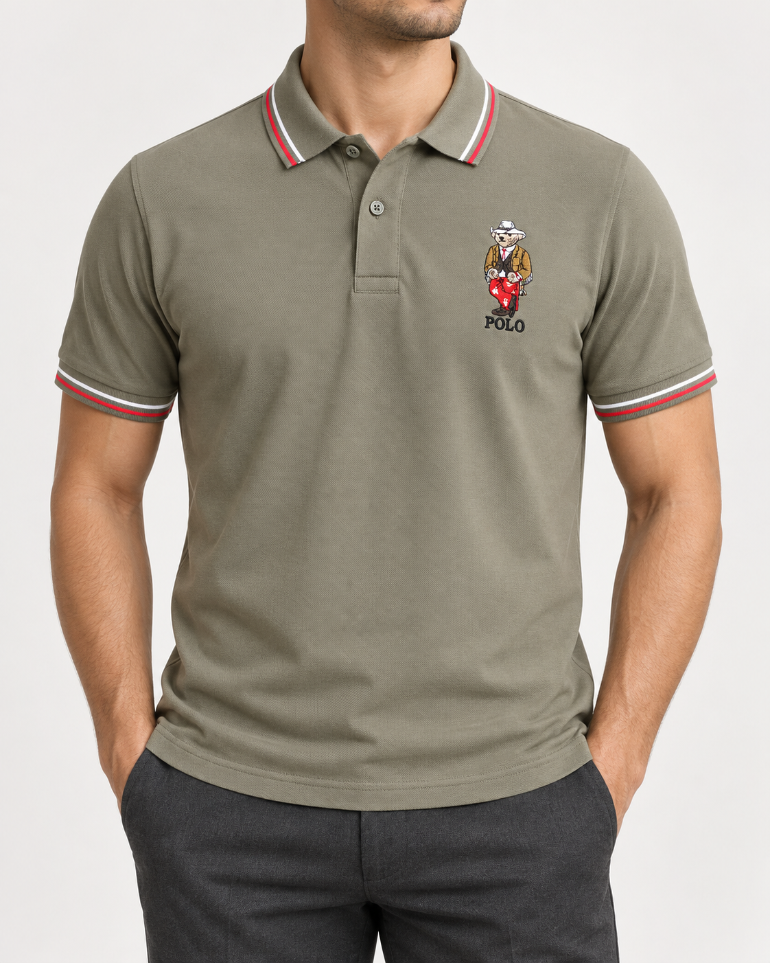 Olive Polo Bear T-Shirt - front view