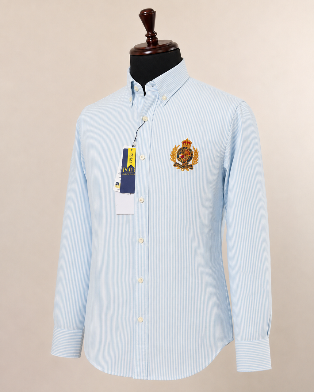 Men’s Sky Blue Pinstripe Crest Shirt - front view