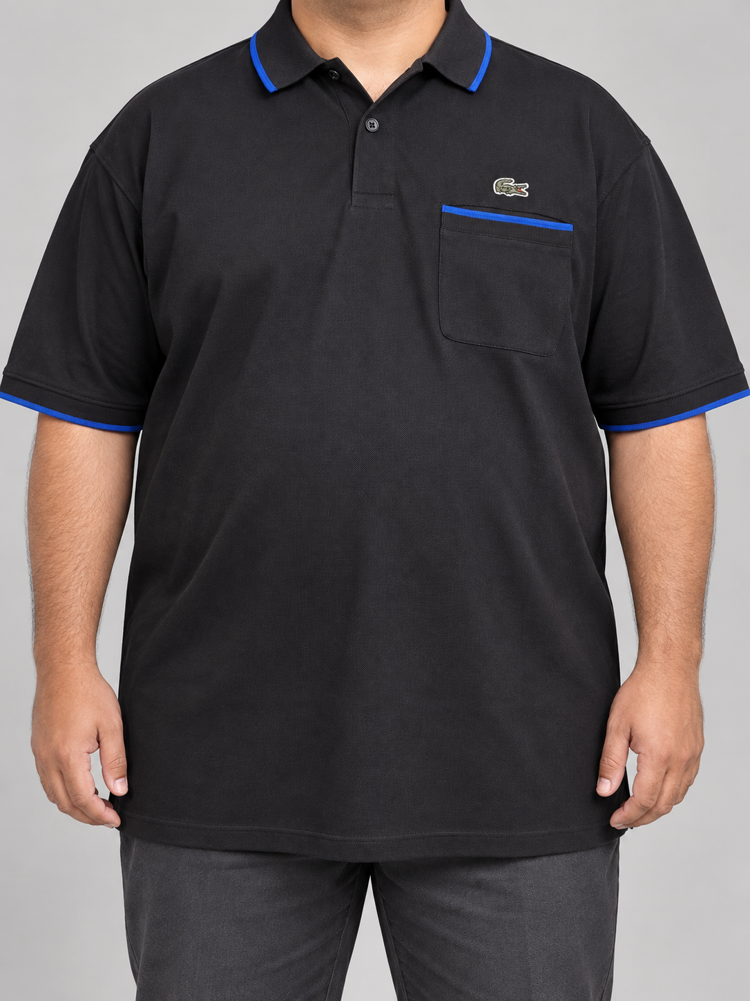 Oversized Black Pocket Polo With Blue Trim - front view