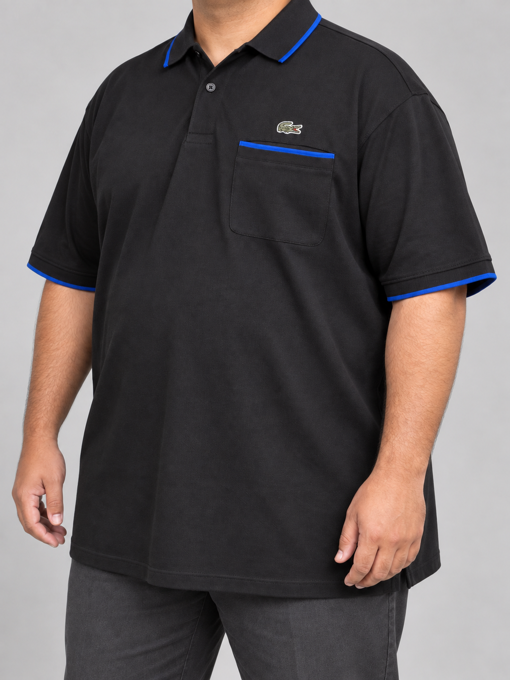 Oversized Black Pocket Polo With Blue Trim - view 3