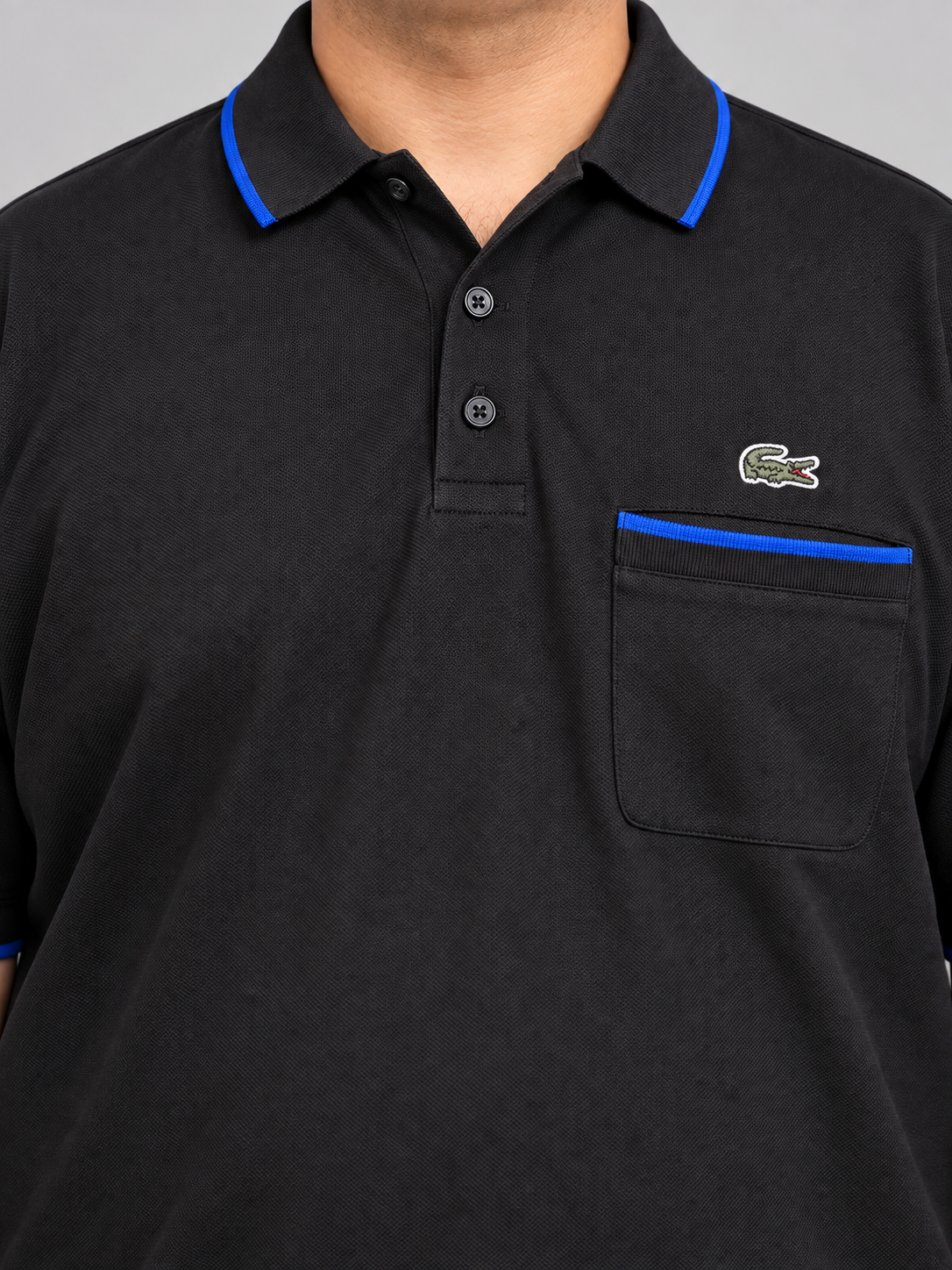 Oversized Black Pocket Polo With Blue Trim - view 4