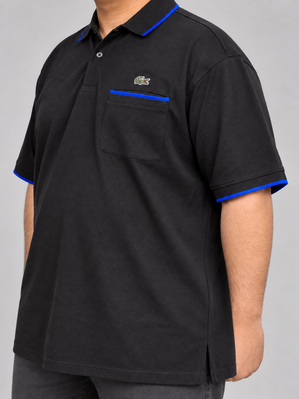 Oversized Black Pocket Polo With Blue Trim - view 5