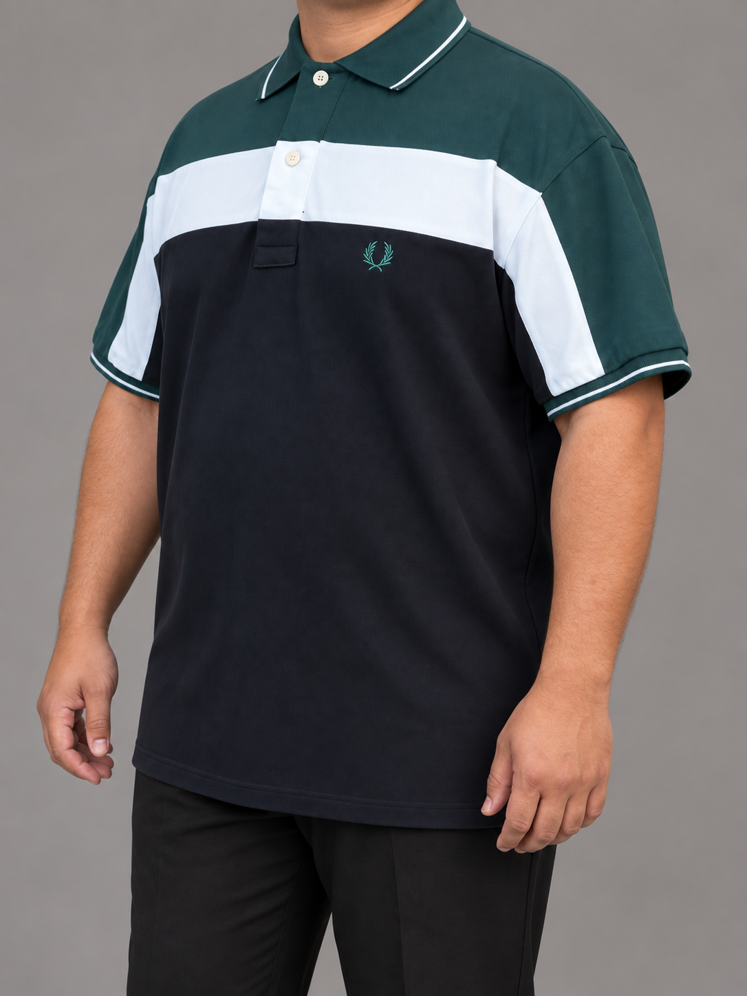 Oversized Green, White And Navy Colour-Block Polo - view 2