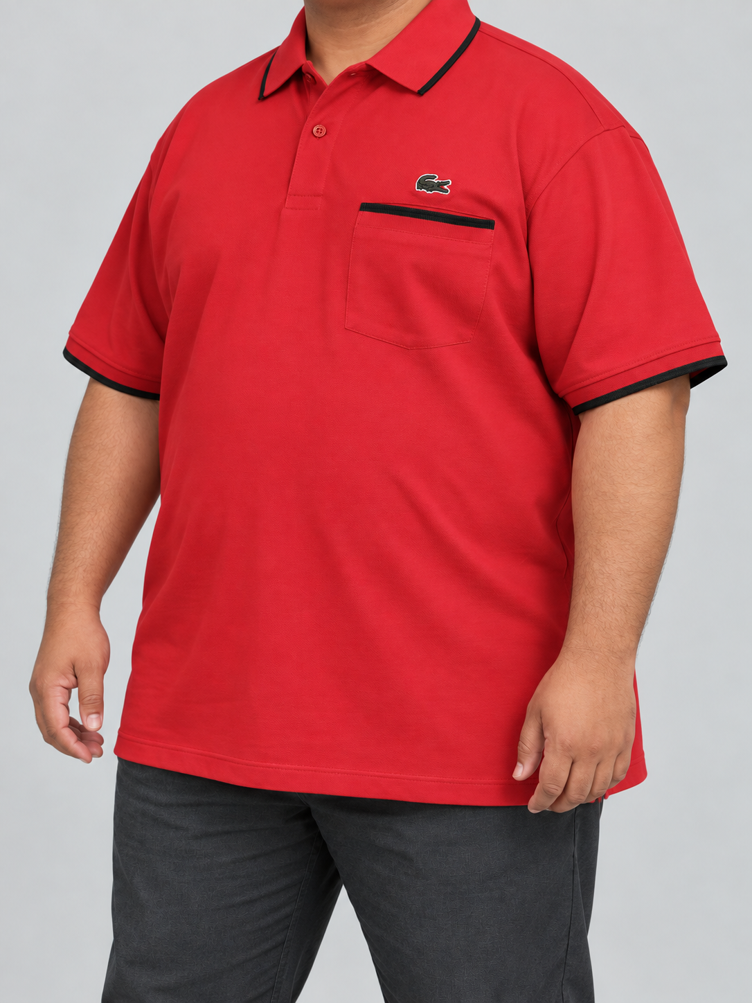 Oversized Red Pocket Polo With Black Trim - view 3