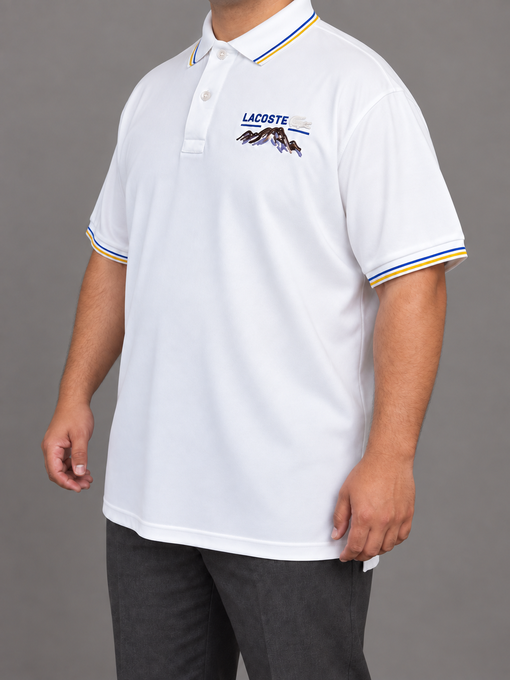 Oversized White Mountain-Embroidery Polo With Blue And Yellow Trim - view 3