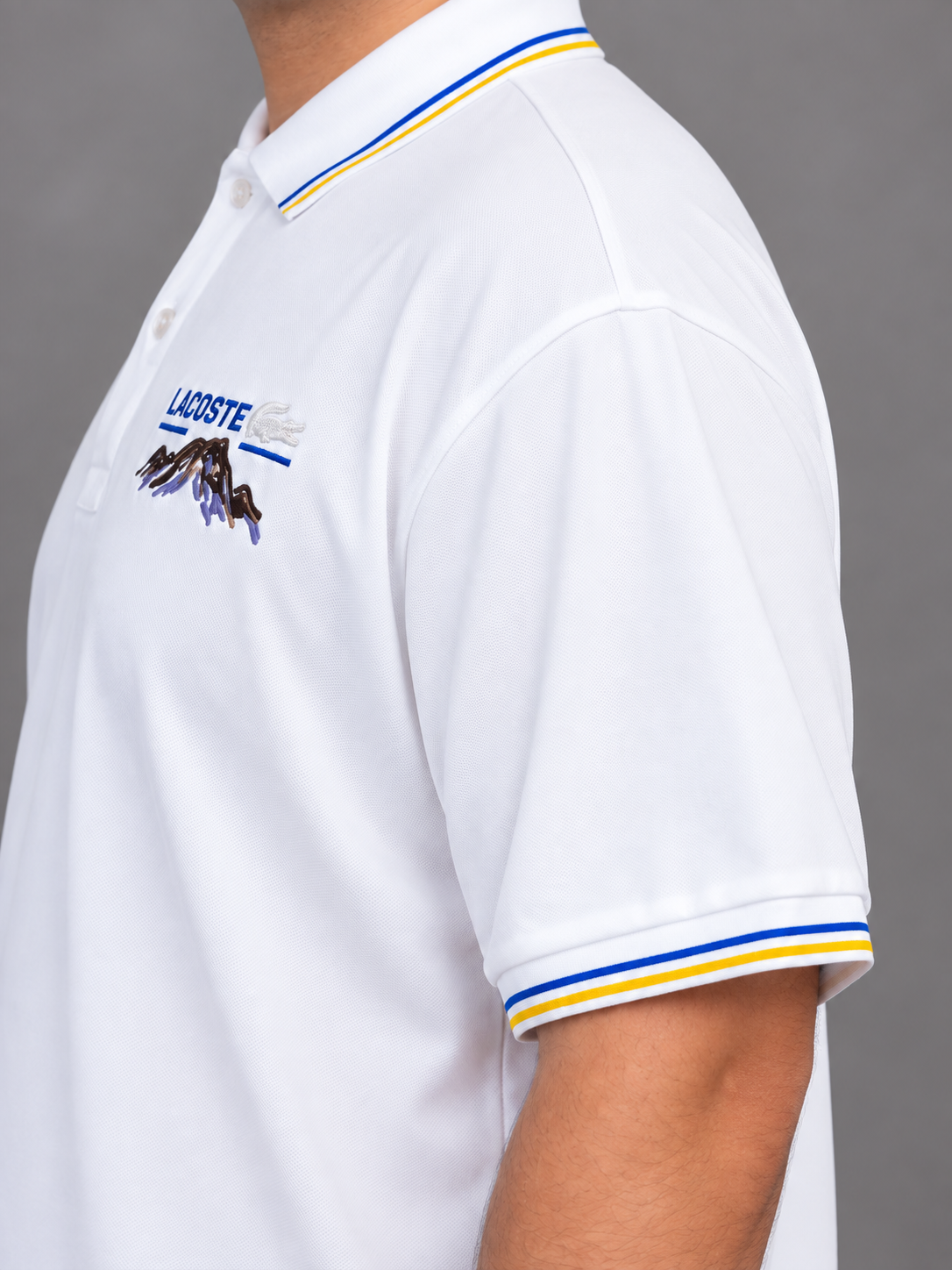 Oversized White Mountain-Embroidery Polo With Blue And Yellow Trim - view 5