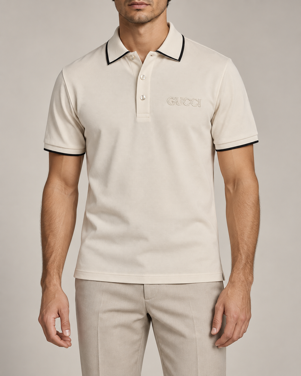 Cream Tonal Embroidered Polo T-Shirt - front view