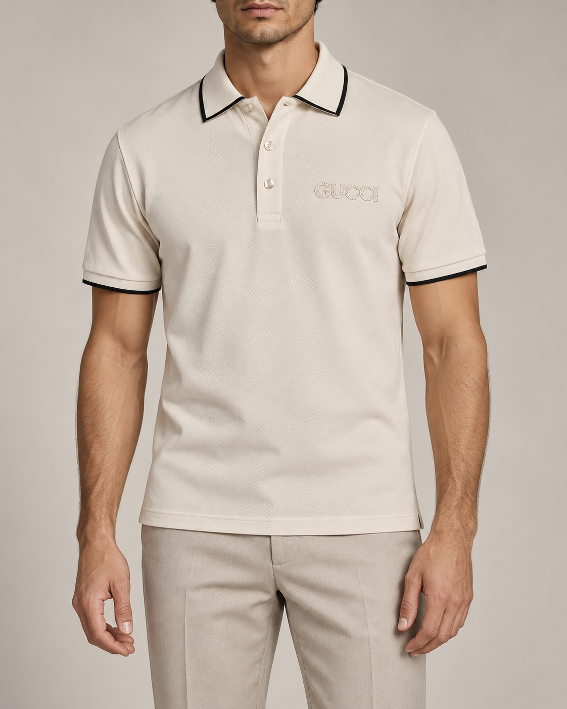 Cream Tonal Embroidered Polo T-Shirt - front view