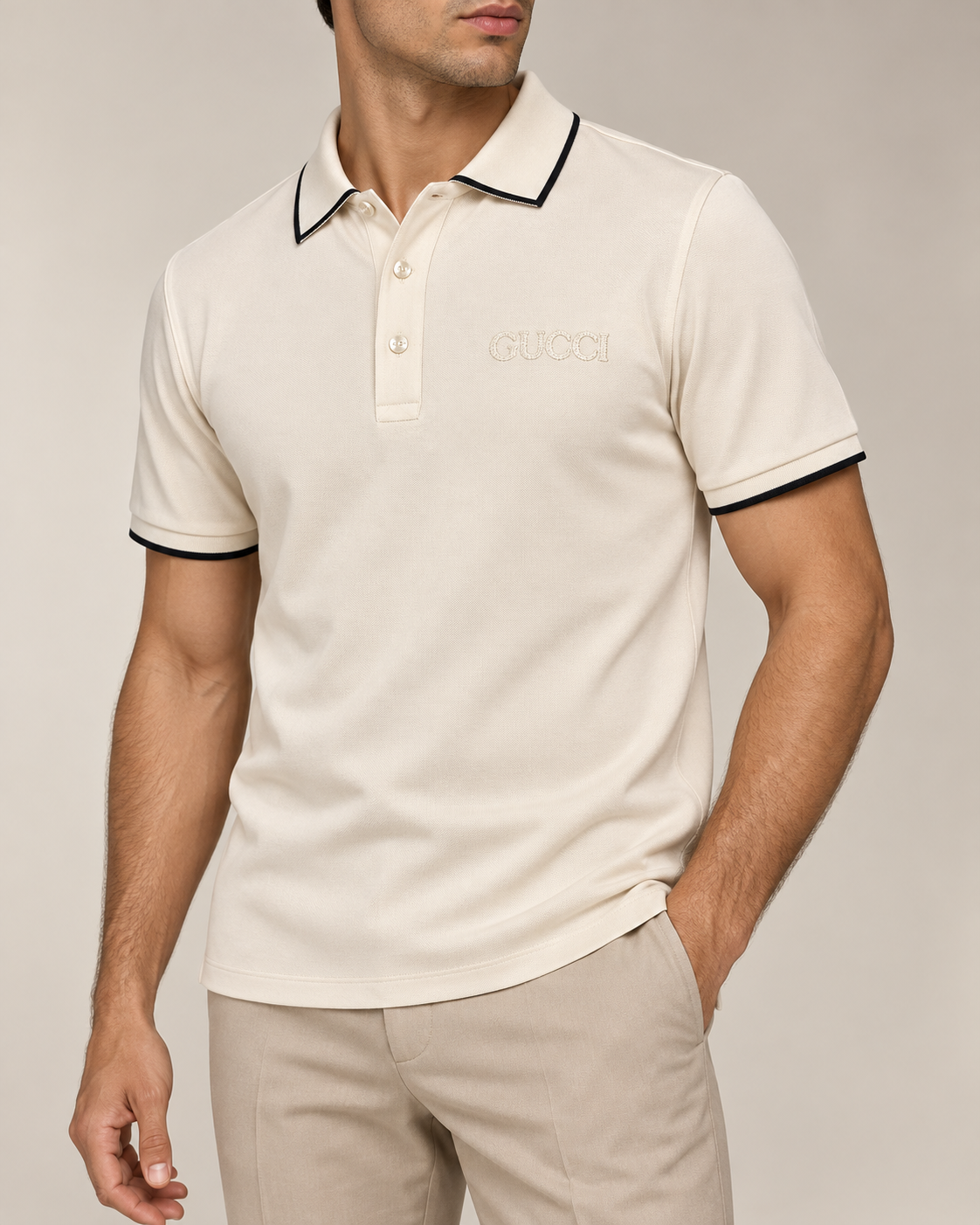Cream Tonal Embroidered Polo T-Shirt - view 2