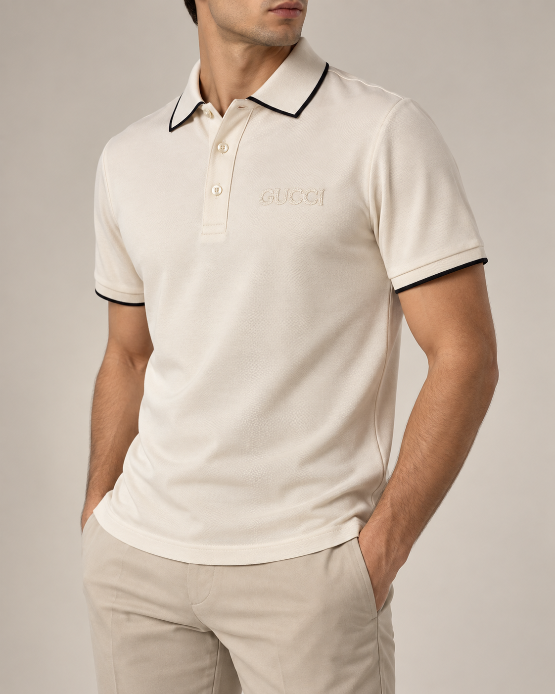 Cream Tonal Embroidered Polo T-Shirt - view 3