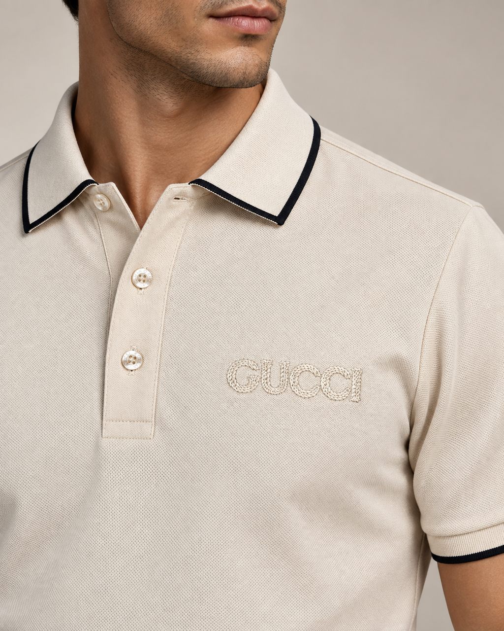 Cream Tonal Embroidered Polo T-Shirt - view 4