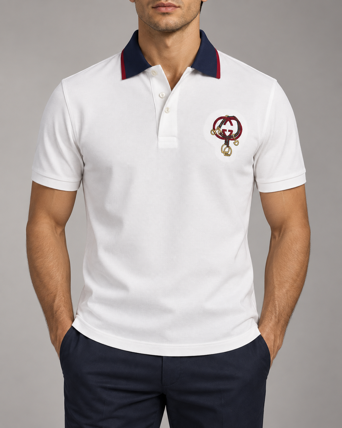 White Equestrian Embroidered Contrast-Collar Polo T-Shirt - front view